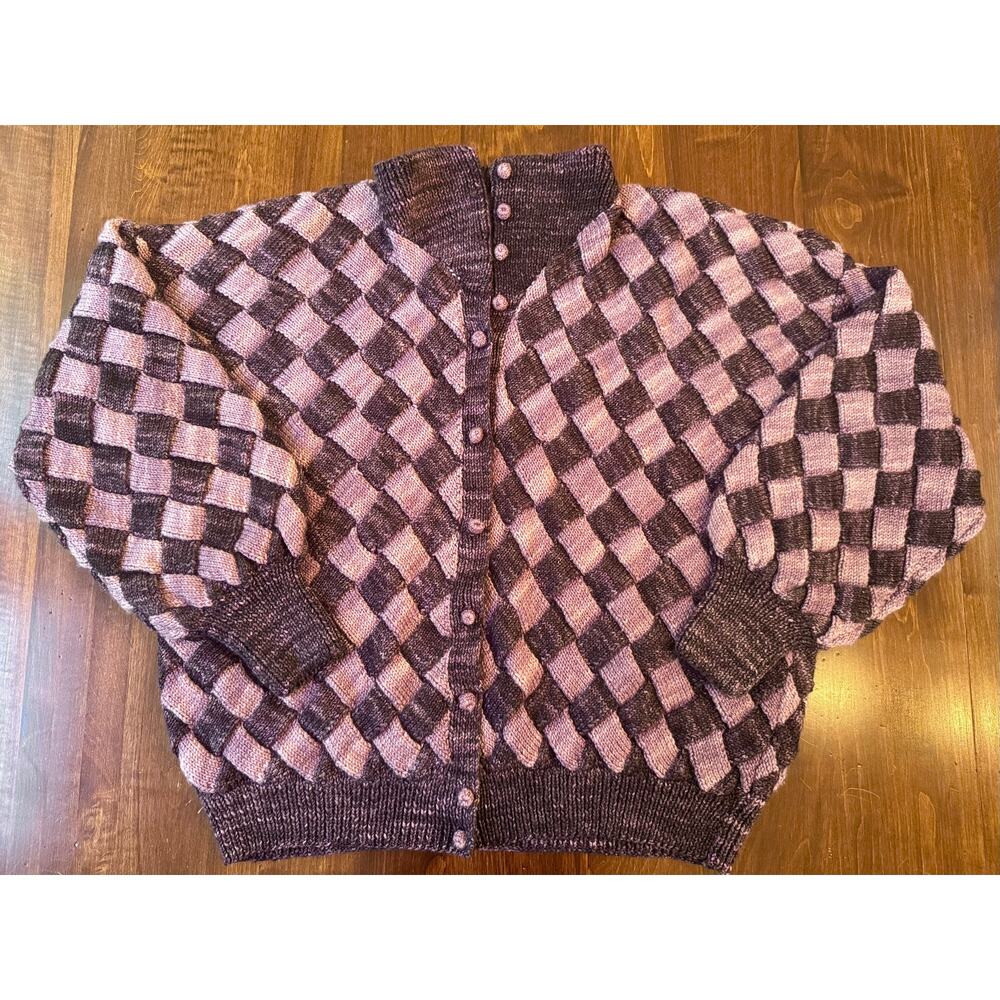 Handmade Mauve Lavender Entrelac Wool Knit Cardigan Large Grandmacore